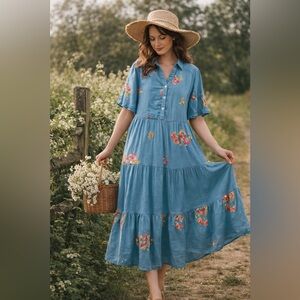 FIGUEROA & FLOWER (Anthropology) Embroidered Midi Dress Blue Tiered NWT Medium